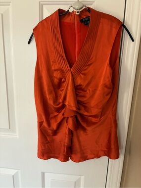 Etcetera Vibrant Orange Ruffle V-Neck Satin Sleeveless Blouse